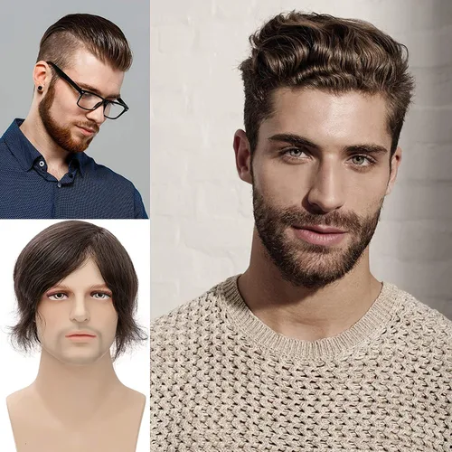 Miniatura 21 de Toupee de piel fina suave de 0.002 in PU 10x8 pulgadas reemplazo de cabello para hombres postizo 100% europeo piezas de cabello humano para hombre