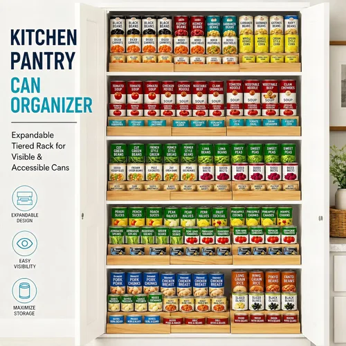 Miniatura 2 de Organizador de latas de madera expandible de 3 niveles para despensa, estante ajustable con capacidad para 24 latas, estante de almacenamiento