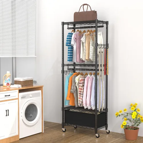 Miniatura 7 de VyGrow Perchero de Ropa, Perchero de Ropa para Colgar Ropa, Sistema Organizador de Armario Ajustable de 4 Niveles con Cajón Varillas Dobles