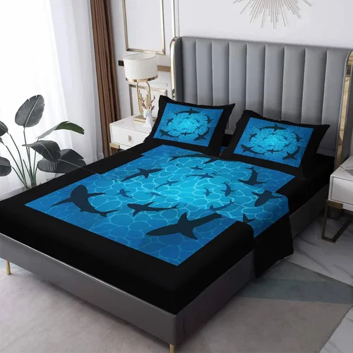 Shark Sheets tamaño California King, sábanas para cama de mar, sábanas y fundas de almohada estampadas de 4 piezas, sábana bajera ajustable de