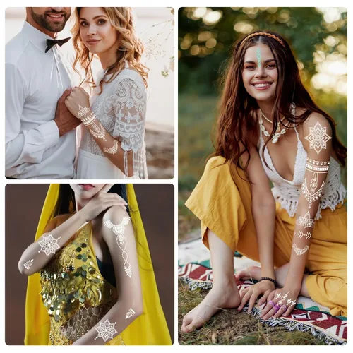 Miniatura 5 de 10 hojas de tatuajes temporales que brillan en la oscuridad, kit de tatuaje para cuello, clavícula, arte corporal, maquillaje en la oscuridad
