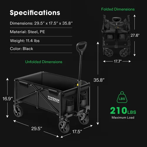 Miniatura 6 de VIVOSUN Carro Plegable, Utilidad Exterior con Ruedas Todo Terreno, Mango Ajustable, Portavasos y Bolsillos Laterales, para Acampar, Compras, Jardín