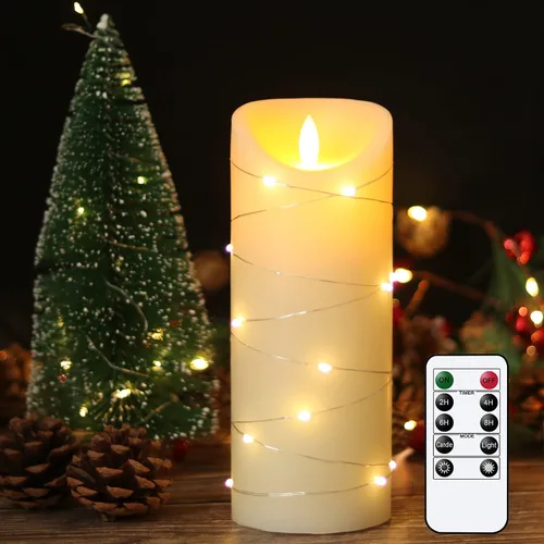 Miniatura 7 de Velas sin llama parpadeantes con luz de cadena y temporizador remoto, juego de 3 velas de columna operadas con baterías, cera real, mecha 3D, luz