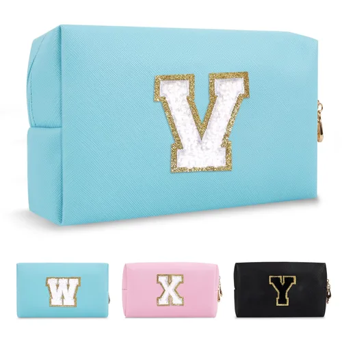 Miniatura 181 de Pequeña bolsa de maquillaje personalizada con inicial A-Z Preppy Patch, bolsa de cosméticos de viaje de felpilla blanca con cremallera, bonita bolsa
