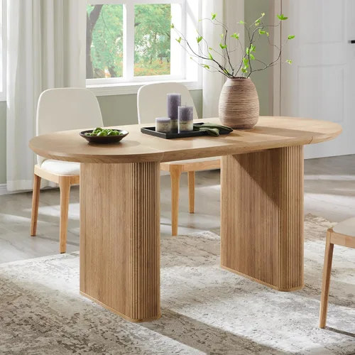 Miniatura 12 de T4TREAM Mesa de comedor ovalada acanalada de 63 pulgadas para 4-6, mesa de cocina moderna de mediados de siglo con borde grueso y base
