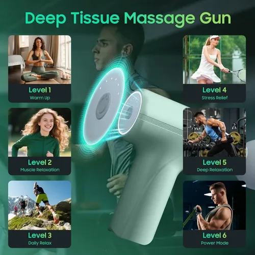 Miniatura 5 de Pistola de masaje con calor - ¡Increíble poder! Masajeador de percusión de tejido profundo, mini pistola muscular de mano, 7 cabezales de masaje