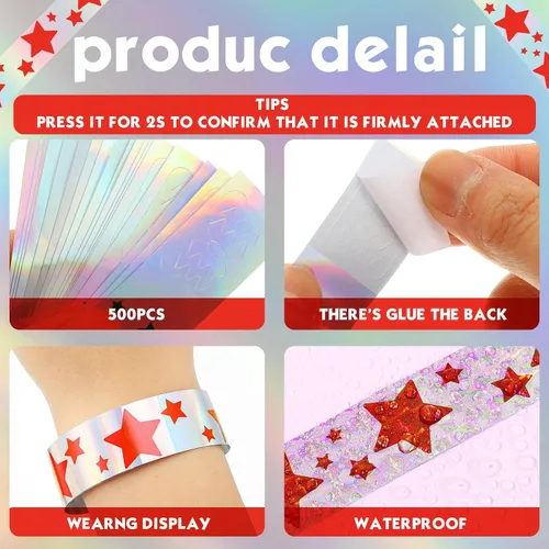 Miniatura 4 de Glenmal 500 pulseras para eventos, pulseras patrióticas de neón con estrellas patrióticas, para eventos a granel, de plástico, impermeables