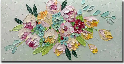 AZAVY Arte, 24 x 48 pulgadas, moderno ramo de flores texturizadas pintadas a mano, arte de pared, pinturas al óleo florales sobre lienzo, naturaleza