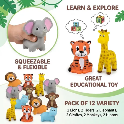 Miniatura 2 de ArtCreativity Juguetes de vinilo de animales del zoológico (paquete de 12) – Juguetes exprimibles surtidos figuras de animales de safari – Recuerdos