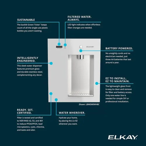 Miniatura 14 de Elkay Liv EZ LBWDM0WHBC - Dispensador de agua filtrado integrado para montaje en pared, funciona con pilas, certificado NSF, botón pulsador, reduce