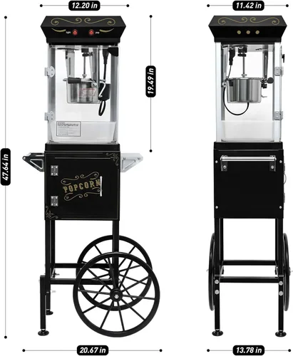 Miniatura 2 de Máquina de palomitas de maíz vintage con carrito, carrito de palomitas de maíz de 6 onzas, máquina de palomitas de maíz con gabinete de Negro
