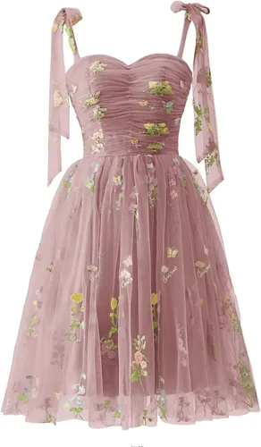 Miniatura 16 de Fivsole Vestido corto con bordado de flores para adolescentes, vestido de tul con tirantes delgados, mini formal, cóctel, fiesta de noche, vestidos