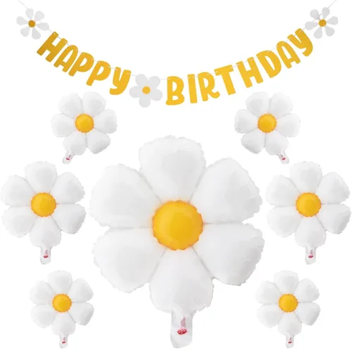Juego de 10 globos de margarita, pancartas de decoración de ducha, decoraciones de feliz cumpleaños, banderines de fieltro para niñas y niños,
