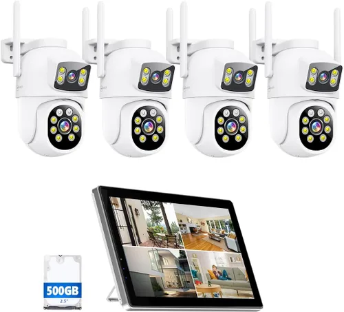 MOVOLS Sistema de cámara de seguridad inalámbrica 5G/2.4G WiFi 4 cámaras de 4MP+4MP con lente dual con pantalla LCD de 10" Sistema NVR, cámaras PTZ