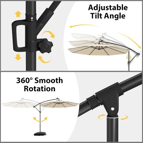 Miniatura 8 de Tangkula Sombrilla solar de patio de 10 pies, sombrilla voladiza para exteriores con rotación de 360 grados, poste de aluminio, fácil ajuste