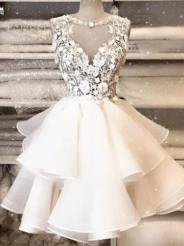 Miniatura 3 de Vestido corto de tul con apliques de encaje para adolescentes, cuello en V, vestido de cóctel acampanado