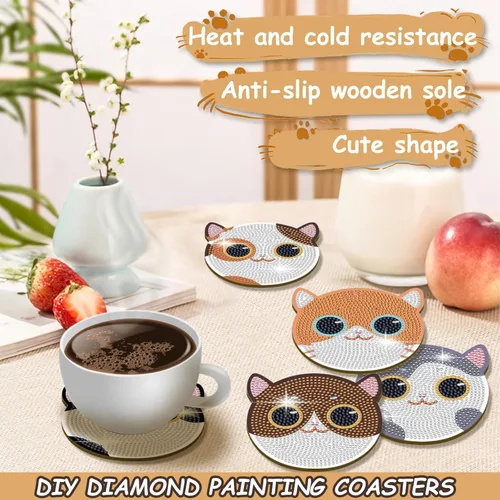Miniatura 4 de FOWSEEK Posavasos de Pintura de Diamantes, 8 PCS Posavasos de Arte de Diamante de Gato con Soporte, Lindos Kits de Pintura de Diamantes para Adultos