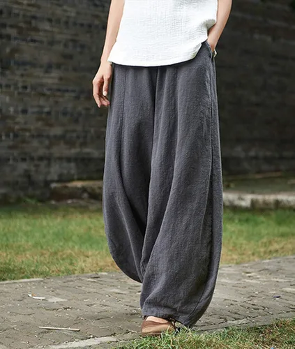 Miniatura 2 de IXIMO - Pantalones de lino y algodón holgados para mujer con cintura elástica y ajuste relajado estilo harén