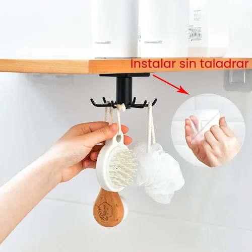 Miniatura 3 de 2 ganchos para utensilios de cocina para debajo del gabinete, rotación de 360°, sin perforaciones, adhesivos, estante para colgar herramientas, Negro