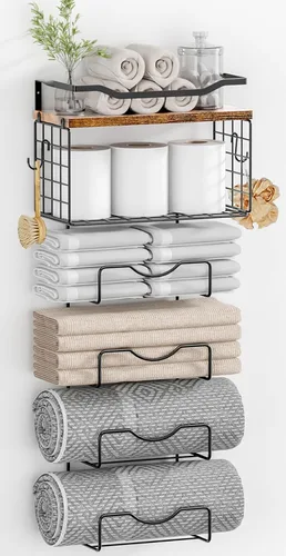 Miniatura 12 de Toalleros para baño, toallero montado en la pared, soporte para toallas de 6 niveles enrolladas o dobladas con estantes flotantes, portotoallas