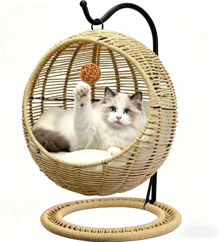 BROWN-BROWN Cama colgante de mimbre hecha a mano para gatos, silla de huevo oscilante con cojín extraíble y bola colgante, acogedora hamaca para