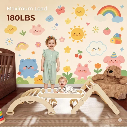 Miniatura 5 de LINKHOO Pikler Triangle Set of 3, Wooden Montessori Climbing Set for Toddlers Ages 2-6, Indoor Jungle Gyms with Arch, Ramp and Ladder, Natural