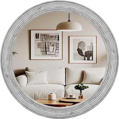 Miniatura 11 de ULIKE Espejo redondo de madera, espejo de pared circular irregular de 24 pulgadas con marco de madera, soporte de pared decorativo rústico