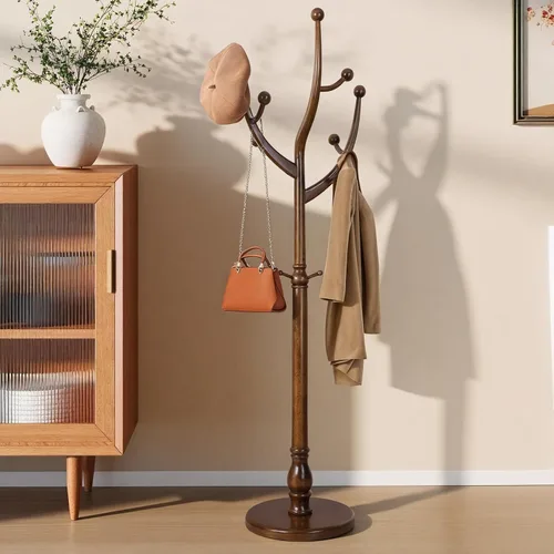 Miniatura 13 de Perchero de Madera Independiente con 8 Ganchos, Soporte para Abrigos de Servicio Pesado con Base Estable, Perchero Vintage de Pie para Entrada