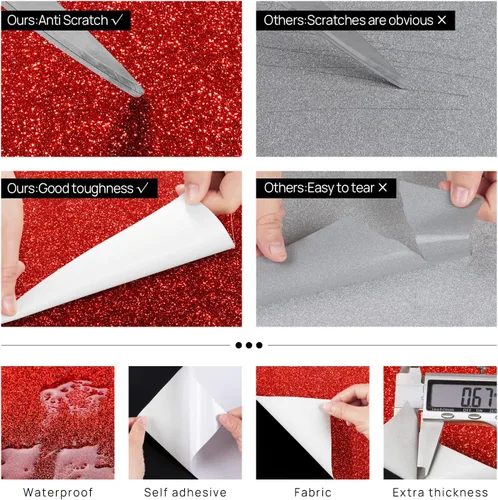 Miniatura 4 de FunStick Papel Tapiz con Purpurina Rojo Rubí Papel Tapiz Despegar y Pegar con Destellos Brillantes Papel de Contacto con Purpurina Roja Autoadhesivo