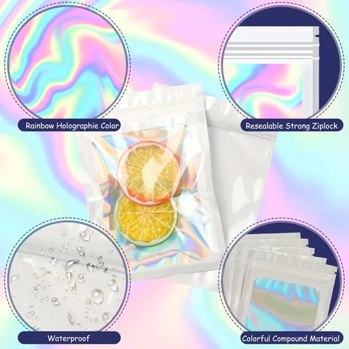 Miniatura 61 de 120 bolsas de tereftalato de polietileno a prueba de olores, bolsa de embalaje holográfica resellable con ventana transparente para alimentos