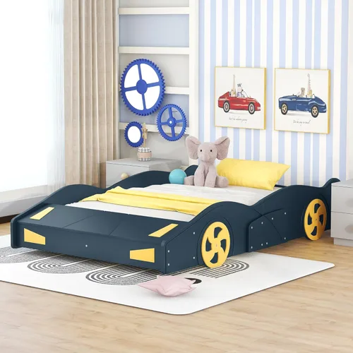 Miniatura 3 de CITYLIGHT Camas de automóvil de tamaño matrimonial para niños, marco de cama matrimonial en forma de auto de carreras con ruedas y almacenamiento