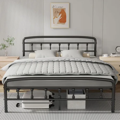 Miniatura 9 de Bastidores de cama de metal tamaño individual, marcos de cama resistentes de 1500 libras con cabecero, diseño sin ruido y almacenamiento debajo