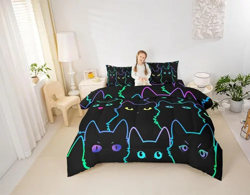 Miniatura 3 de Erosebridal Edredón de Gatos Lindos para Niños con Líneas de Arcoíris Neón, Juego de Ropa de Cama Individual para Niñas, Niños y Adolescentes, Gatos