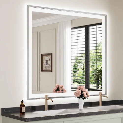 Miniatura 91 de Espejo de baño LED de 60x36 pulgadas con marco negro, espejos de baño retroiluminados y con luz frontal para pared, antiempañamiento, regulable