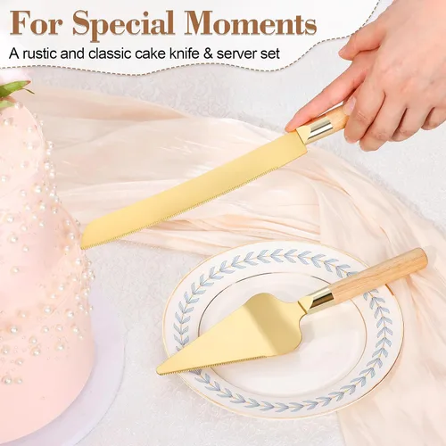 Miniatura 2 de Juego de corte de pastel dorado para boda, juego de cuchillo de pastel de madera y servidor, juego de corte de pastel rústico de 2 piezas, cubiertos