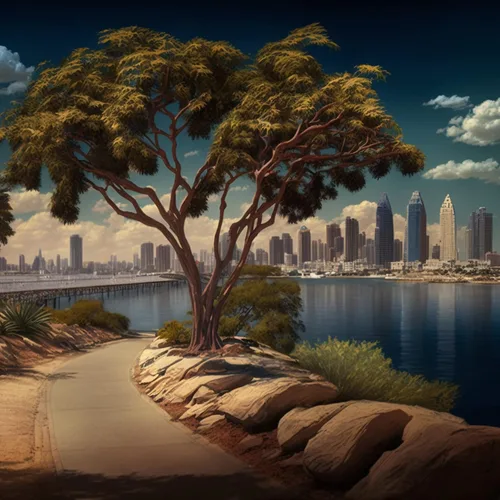 Miniatura 2 de Papel tapiz único de paisaje de la ciudad de San Diego, rascacielos y vista del árbol, arte mural de pared grande para decoración de dormitorio