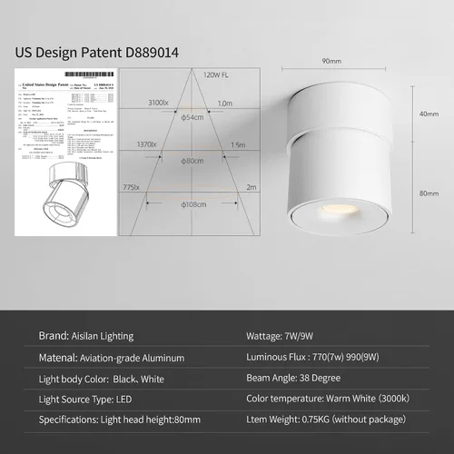 Miniatura 6 de Aisilan Luz LED de Techo Blanca para Interiores 9W Luminaria Montada en Superficie con Foco Giratorio de 360°, Regulable Blanco Cálido 3000K CRI 97+