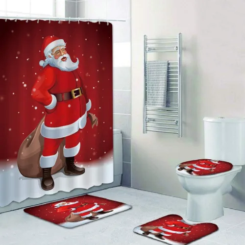 Juego de 4 cortinas de ducha con alfombra antideslizante, cubierta para tapa de inodoro y tapete de baño, cortina de ducha de poliéster de Papá Noel