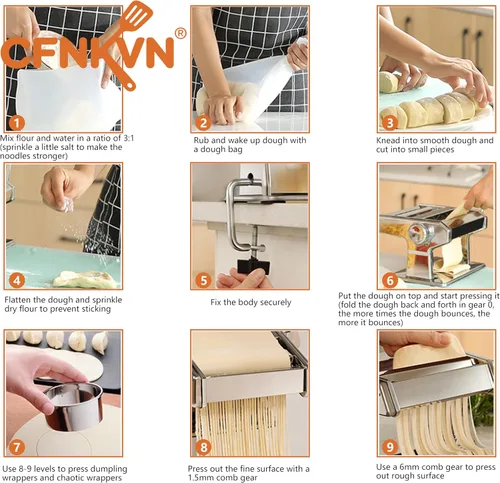 Miniatura 6 de Máquina para hacer pasta, estilo clásico italiano manual con 3 cortadores para espaguetis, fettuccine, lasaña, acero resistente, esfera de fácil