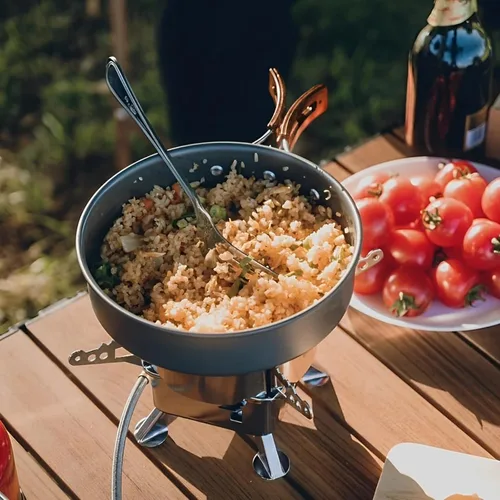 Miniatura 5 de Juego de 7 sartenes para acampar, juego de ollas y sartenes de mochila, kit de cocina de supervivencia para senderismo, picnic Naranja