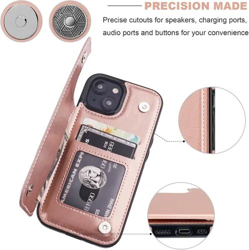 Miniatura 7 de ONETOP - Funda tipo cartera compatible con iPhone 15 con soporte para tarjetas, funda de piel sintética con ranuras para tarjetas, doble cierre Oro