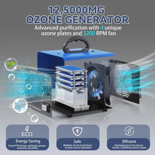 Miniatura 6 de Generador de ozono de 125,000 mg/h, máquina de ozono de alta capacidad y purificador de aire de iones negativos, ionizador de aire O3, eliminación