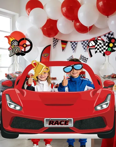 Miniatura 8 de Juego de accesorios para cabina de fotos de autos de carreras, soporte de cartulina roja para fiesta de cumpleaños, baby shower, suministros