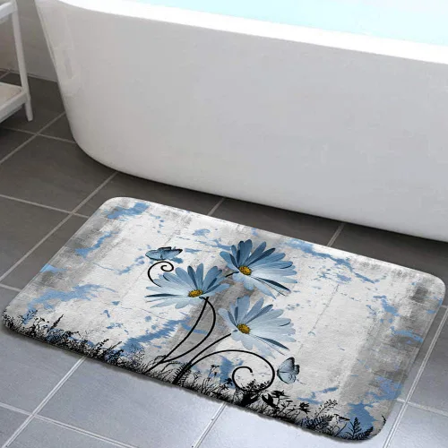 Alfombra de baño rústica de granja, diseño de margaritas y mariposas en madera de campo, tapete de baño de madera color gris, blanco, azul marino,