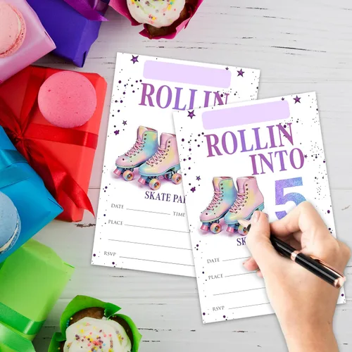 Miniatura 4 de 5ª invitaciones de cumpleaños para fiestas de patinaje sobre ruedas para niñas y niños, tarjetas de invitación de patines rosas con sobres, 20