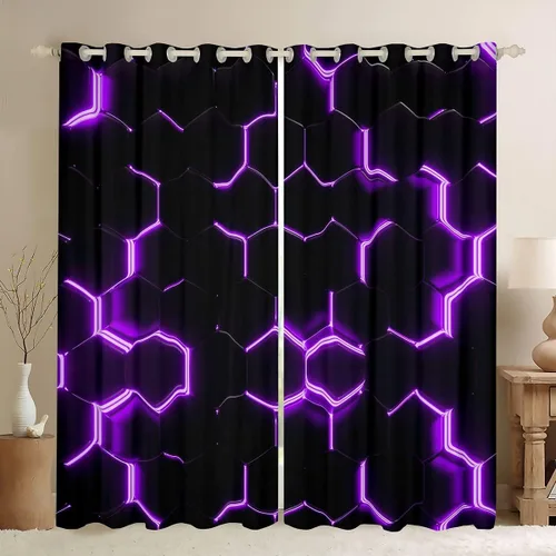 Miniatura 49 de Feelyou - Cortinas de ventana en forma de panal, tema geométrico hexagonal con luces de neón verdes, para chicos adolescentes y hombres, elegante