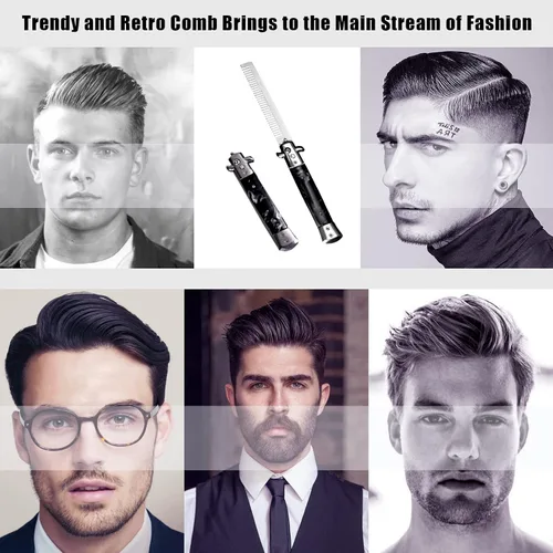 Miniatura 7 de Switchblade - Peine de bolsillo plegable, peine de barba de acero inoxidable para hombres, peines de bigote de dientes finos diseñados para Negro