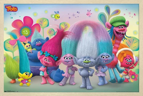Miniatura 14 de Trends International DreamWorks Trolls - Póster de pared de grupo, 14.725 x 22.375 pulgadas, versión enmarcada de madera de granero