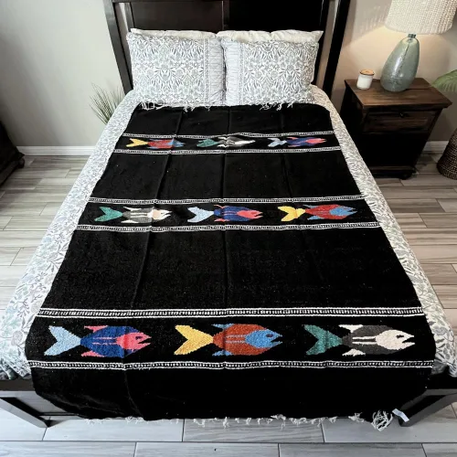 Miniatura 3 de Open Road Goods Manta de yoga mexicana gruesa, diseño de pez serape, hecha a mano (turquesa)