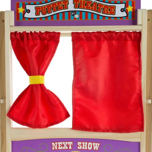 Miniatura 4 de HEY! PLAY! Teatro de marionetas para niños, juguete de mesa de madera de 30 x 26 pulgadas con cortinas, pizarra y reloj para inspirar imaginación